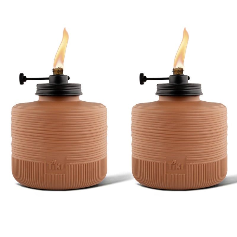 TIKI Amber Horizon Glass Table Torches 2-Pack, 6.5"" - Orange Outdoor Tiki Tabletop Torches for Patio & Backyard | Adjustable Flame Height | Weather-Resistant | Includes Long-Lasting Wick & Snuffer - Image 1